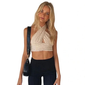 Princess Polly Chayse High Neckline Halter Crop Top |  Cream Size M / 10